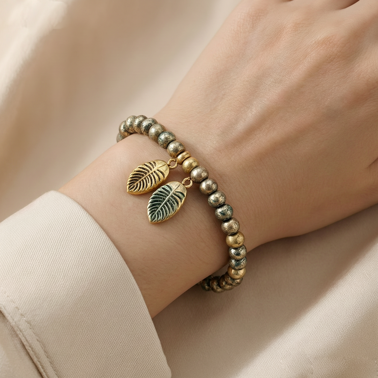 Vintage Leaf Charm Beaded Bracelet