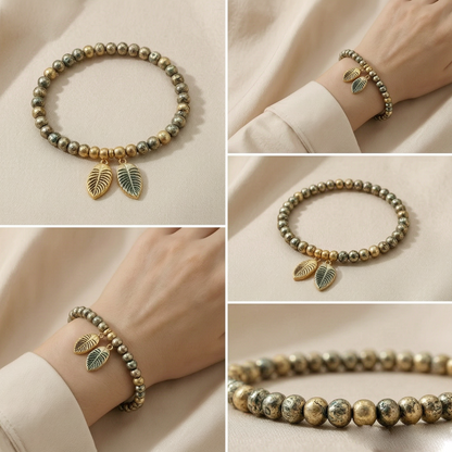 Vintage Leaf Charm Beaded Bracelet